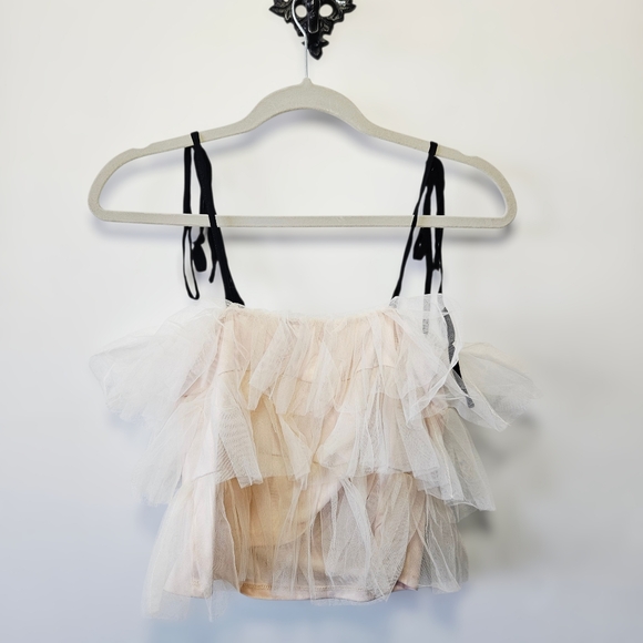 Anthropologie Sunday In Brooklyn Tulle Layered Crop Top Size XXS Tie Shoulders - Picture 3 of 4